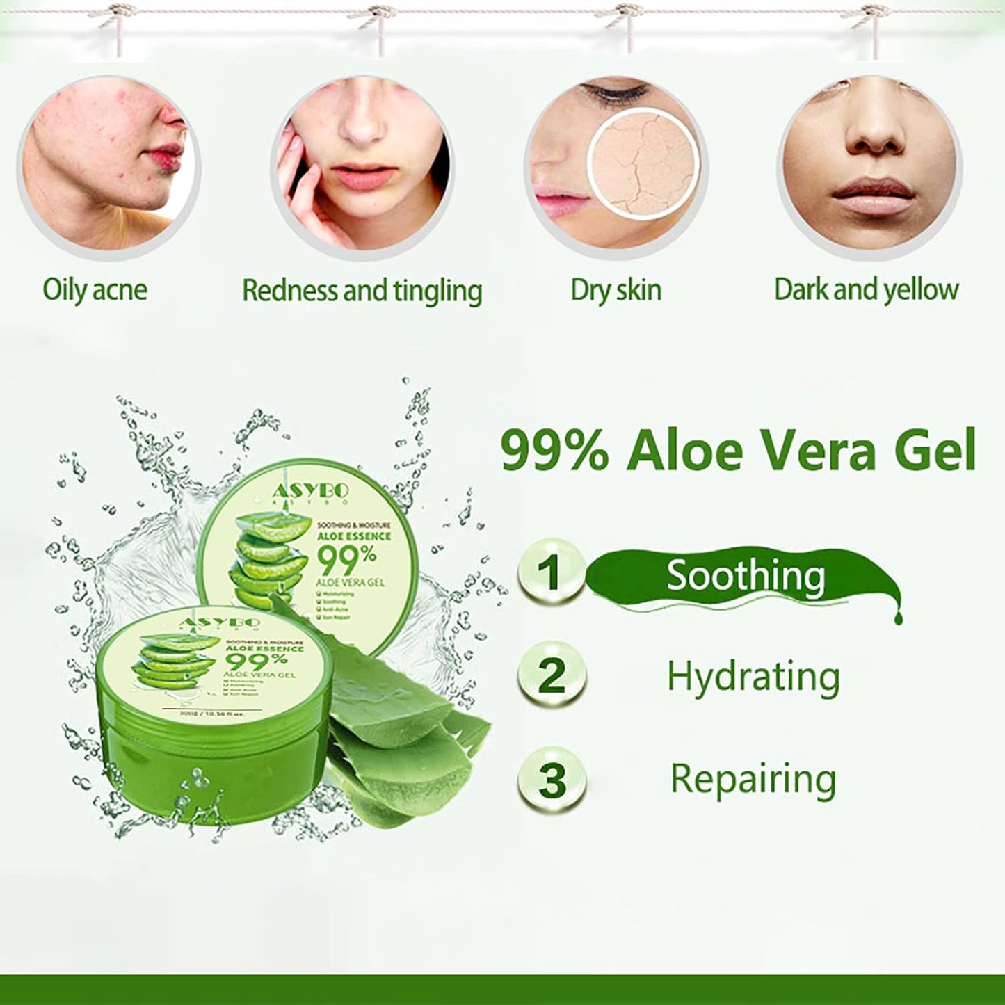 300 Ml Aloe Vera Gel - Crema Idratante Aloe Vera Pura Al 99% per Viso E Corpo, Crema Naturale All'Aloe per Pelli Secche, Scottature, Acne