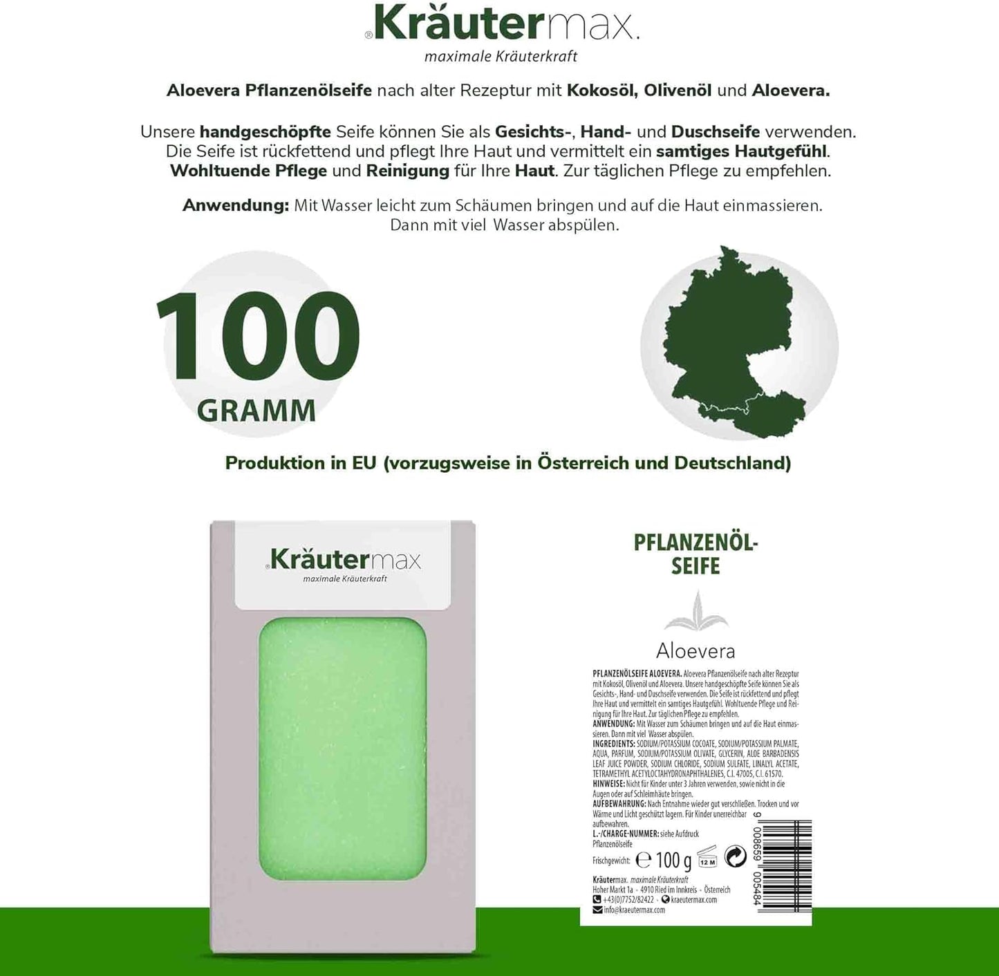 Sapone All'Aloe Vera Saponetta Senza Plastica per La Pelle Del Viso E Come Sapone per Le Mani 1 X 100 G
