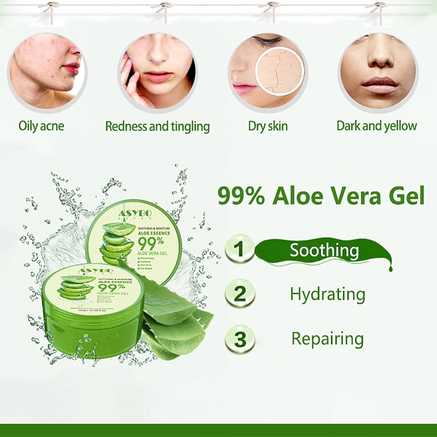 300 Ml Aloe Vera Gel - Crema Idratante Aloe Vera Pura Al 99% per Viso E Corpo, Crema Naturale All'Aloe per Pelli Secche, Scottature, Acne